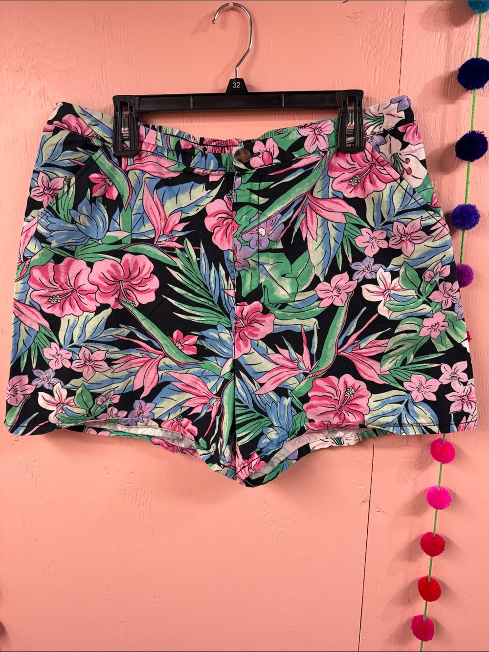 wild fable Black High-Waist Floral Print Shorts with Pink & Green